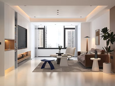 Bright Modern Minimalist Living Room With Cozy Furniture Large Windows And Warm Ambient Lighting 3d model