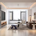 Bright Modern Minimalist Living Room With Cozy Furniture Large Windows And Warm Ambient Lighting