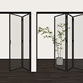 Modern Glass Folding Doors with Black Frames in Interior Space and Green Plant in Pot