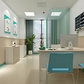 Medical Consultation Room With Light Green Curtains Wooden Paneling Digital Display And Heart Art