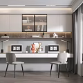 Modern Study Room Interior With Long Desk Two Chairs Display Shelves And Decorative Lamps