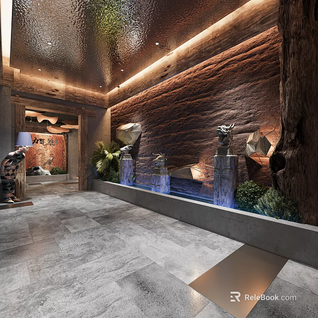 Modern Restaurant Interior Design With Textured Rock Wall Water Fountain And Green Plants 3d model 
