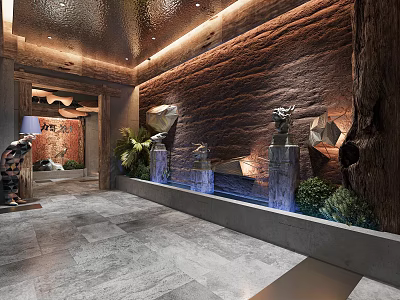 Modern Restaurant Interior Design With Textured Rock Wall Water Fountain And Green Plants 3d model