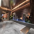 Modern Restaurant Interior Design With Textured Rock Wall Water Fountain And Green Plants