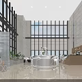 Modern Café Interior With Large Windows City View Green Plants Circular Bar And High Stools