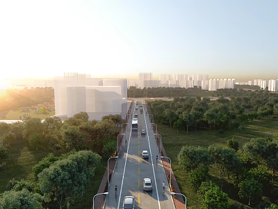 Municipal Road With Vehicles Driving Among Green Trees And Surrounding Buildings At Sunset 3d model