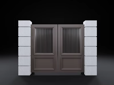 Modern Double Dark Brown Gate With Vertical Slats And White Stone Pillars 3d model