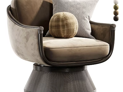 Elegant Velvet Accent Chair With Curved Armrests Plaid Pillow And Textured Round Base 3d model