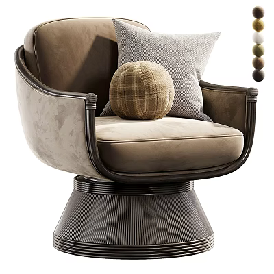 Elegant Velvet Accent Chair With Curved Armrests Plaid Pillow And Textured Round Base 3d model