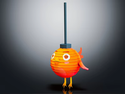 Orange Fish Shaped Decorative Lantern With Yellow Feet And Black Pole 3d model