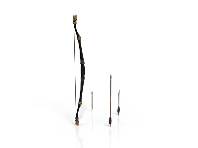 Black Traditional Bow with Gold Accents and Three Arrows as Ancient Weapon 3d model