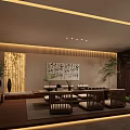 Traditional Chinese Tea House Interior With Wooden Furniture Calligraphy Painting And Green Plants