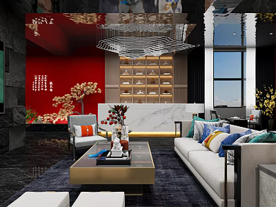 Elegant Hotel Lobby Interior With Red Wall Modern Chinese Decor And Marble Reception Desk 3d model