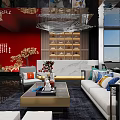 Elegant Hotel Lobby Interior With Red Wall Modern Chinese Decor And Marble Reception Desk