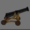 Antique Weapon Cannon With Black Barrel Wooden Carriage And Wheels