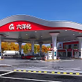 Red and White Canopy Gas Station with Fuel Pumps and Trees Around Vehicles Refueling