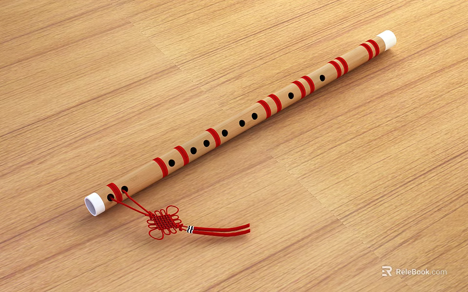 Wooden Musical Instrument Flute With Red Stripes White Tips And Red Tassel On Wooden Floor 3d model 