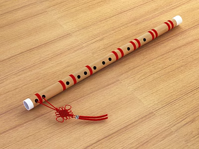 Wooden Musical Instrument Flute With Red Stripes White Tips And Red Tassel On Wooden Floor 3d model