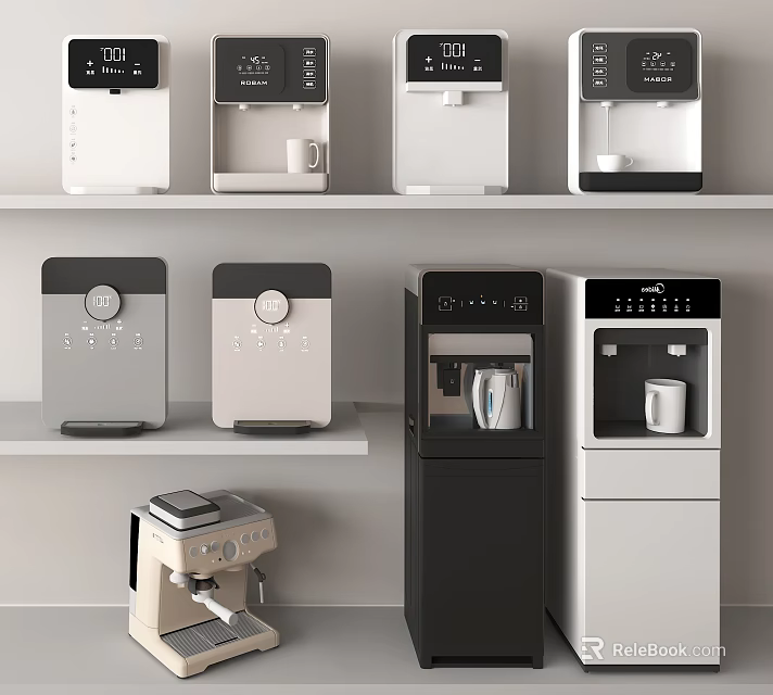 Various Daily Use Appliances On Shelves With Different Styles 3d model