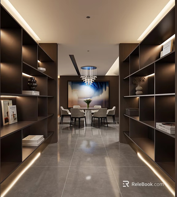 Modern Foyer Hallway Design With Dark Wooden Shelves Chandelier And Wall Painting 3d model 