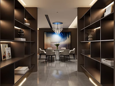 Modern Foyer Hallway Design With Dark Wooden Shelves Chandelier And Wall Painting 3d model