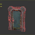 Rusted Teal Industrial Door With Metal Frame Control Panel And Yellow Warning Stripes