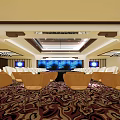 Modern Conference Room With White Chairs Black Long Table Decorative Ceiling And Carpet