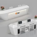 Modern White Office Reception Desk With Computer Monitors And Flower Decorations 3d model