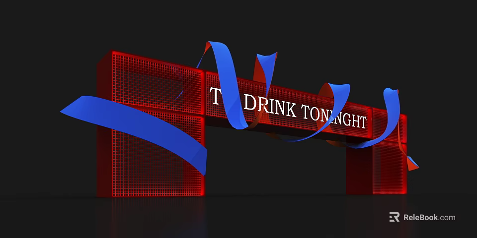 Red Event Entrance with White Drink Tonight Lettering and Blue Ribbons Decoration 3d model 