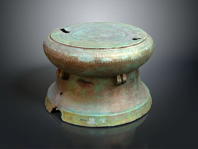 Ancient Bronze Drum Shaped Sculpture With Intricate Carved Patterns And Base Design 3d model