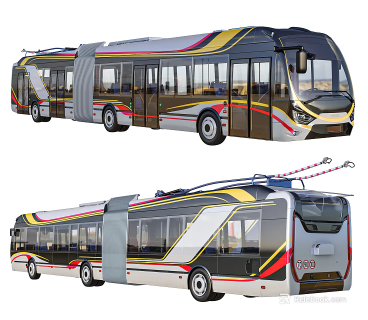 Modern Electric Tram With Sleek Long Body Large Windows And Vibrant Exterior Stripes 3d model 