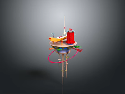 Scenic Sci Fi Landscape With Red Tower Yellow Boat And Pink Ring Structures 3d model