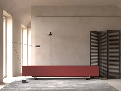 Red TV Stand In Modern Room With Beige Wall Lamp Louvered Doors And Gray Carpet 3d model