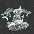 Blue Green Game Movie Character With Glowing Spikes Claws On Rock Base Small Trees