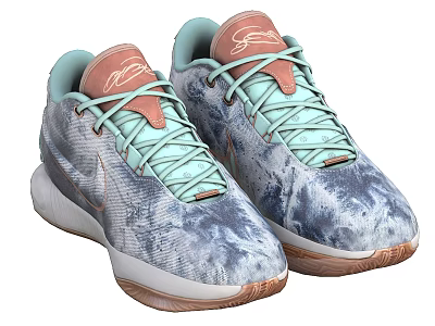 Nike Basketball Shoes Blue Gray Marble Pattern Light Blue Laces Brown Tongue Light Brown Sole 3d model