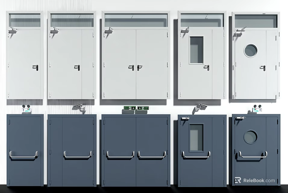 Various Door Designs In White And Gray With Different Handles And Small Windows 3d model 