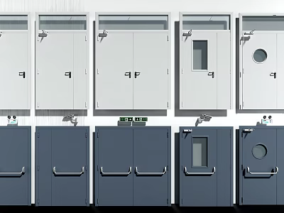Various Door Designs In White And Gray With Different Handles And Small Windows 3d model