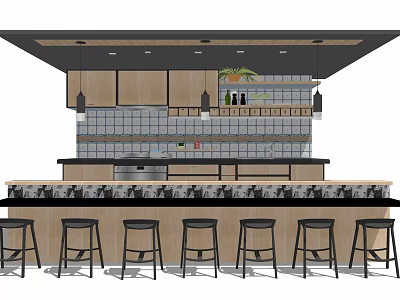 Bar Counter With Wooden Cabinets Tile Backsplash Hanging Lights And Black Bar Stools 3d model