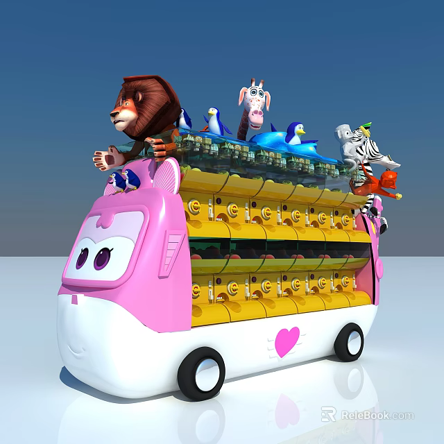 Cartoon Bus Play Equipment with Pink White Body Animal Dolls Top Yellow Seats Heart Design 3d model 