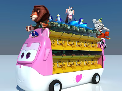 Cartoon Bus Play Equipment with Pink White Body Animal Dolls Top Yellow Seats Heart Design 3d model