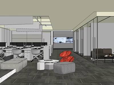 Modern Public Office Space With Desks Computers Lounge Area And Glass Partitions 3d model
