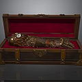 Open Wooden Chest With Red Velvet Lining Brass Hardware And Mechanical Arm