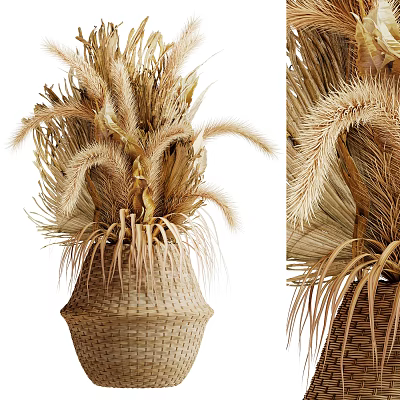 Natural Woven Vase With Dried Grasses And Decorative Textured Plants For Home Decor 3d model
