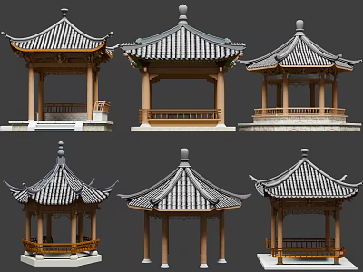 Various Traditional Chinese Pavilion Designs With Wooden Structures And Tiled Roofs 3d model