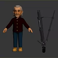 White Haired Man In Brown Coat Blue Pants Yellow Shoes With Tripod Structure Equipment