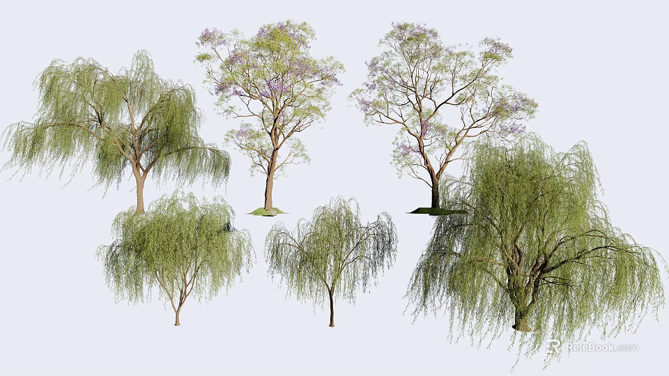Diverse Ornamental Trees Including Willow and Purple Flowering Varieties for Landscaping 3d model 