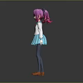Game Movie Character with Pink Hair White Top Blue Pleated Skirt Gray Stockings Orange Shoes