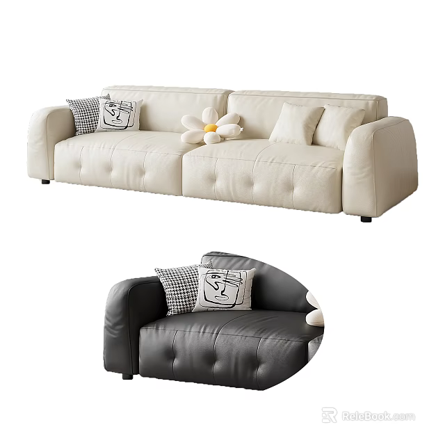 Beige And Gray Two Seater Sofa With Checkered Cushions And Daisy Decoration 3d model 