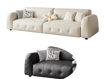 Beige And Gray Two Seater Sofa With Checkered Cushions And Daisy Decoration 3d model