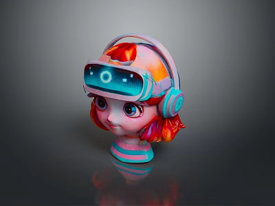 Woman With Colorful Hair Wearing VR Headset And Headphones In Stylish Futuristic Design 3d model